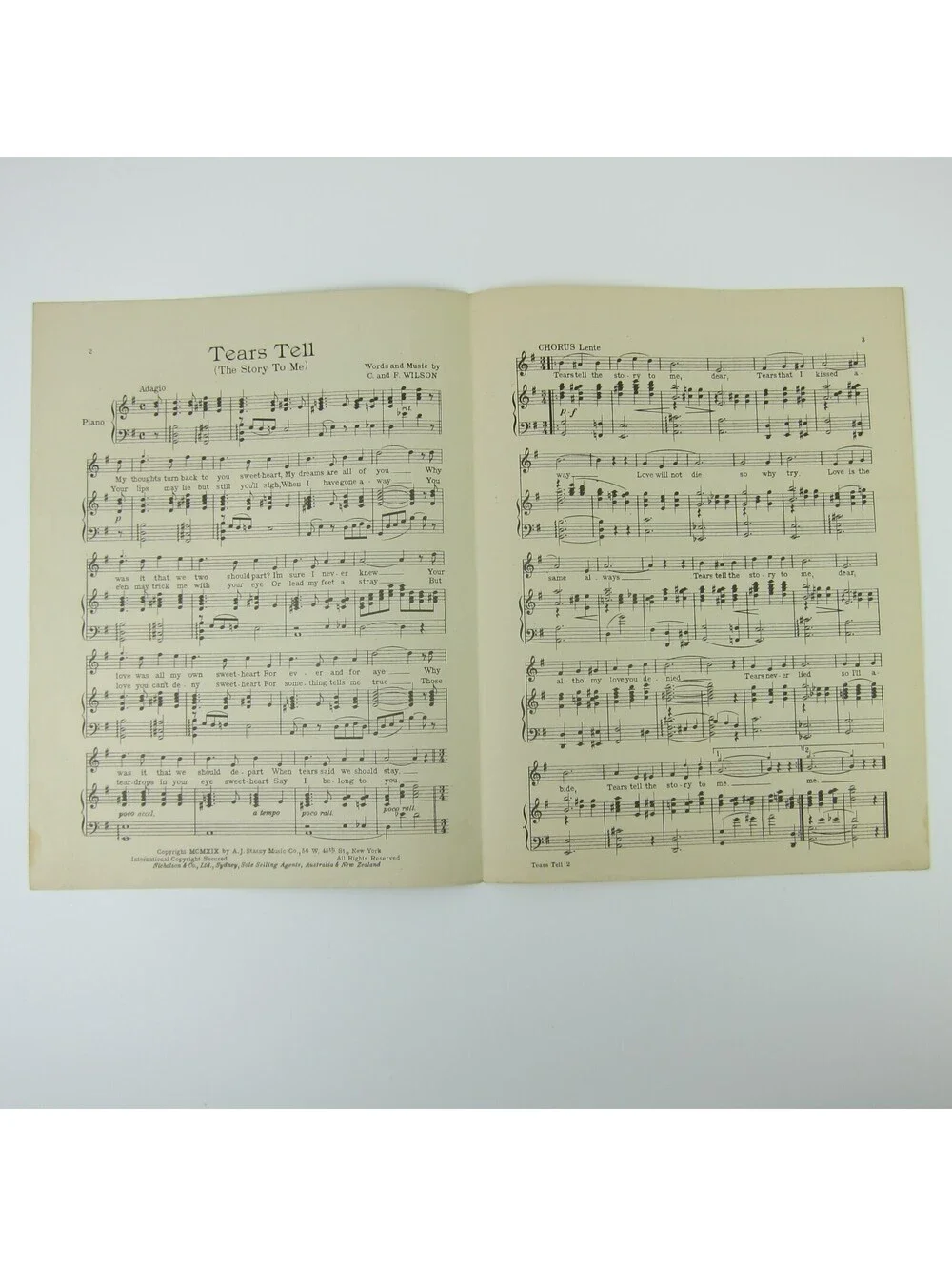 Tears Tell The Story To Me Sheet Music C & F Wilson Rolf Armstrong Antique 1919
